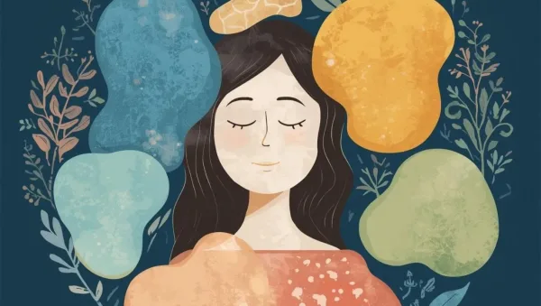 Illustration of a calm woman with closed eyes, surrounded by colorful abstract shapes and botanical elements.