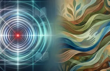 Split image: high-tech target with concentric rings on the left, colorful flowing waves and hands on the right suggesting technology meets art.