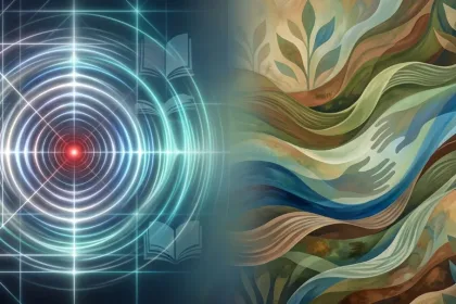 Split image: high-tech target with concentric rings on the left, colorful flowing waves and hands on the right suggesting technology meets art.