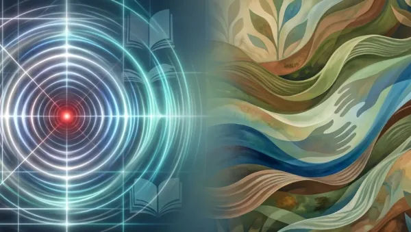 Split image: high-tech target with concentric rings on the left, colorful flowing waves and hands on the right suggesting technology meets art.