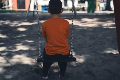 Child sitting on a swing facing away in a sunny playground, wearing an orange shirt.