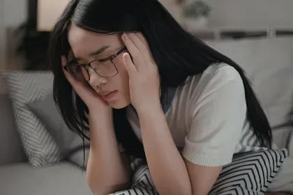 Woman wearing glasses sits on a couch, holding her head in her hands and looking stressed or overwhelmed.