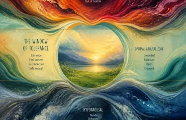 Artistic diagram of the window of tolerance with four arousal zones and a calm landscape in the center.