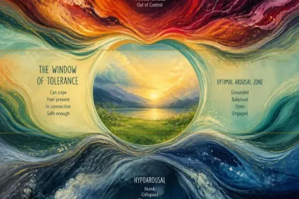 Artistic diagram of the window of tolerance with four arousal zones and a calm landscape in the center.