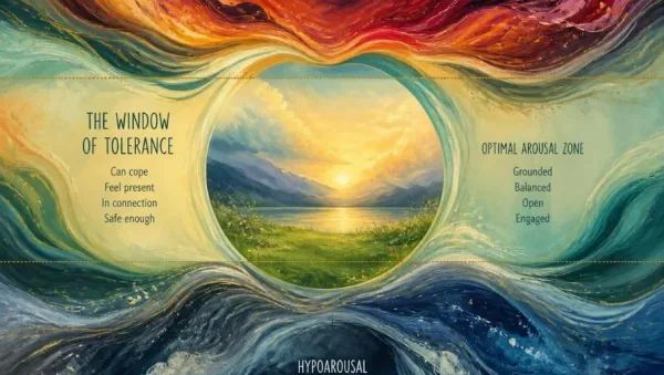 Artistic diagram of the window of tolerance with four arousal zones and a calm landscape in the center.