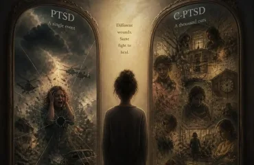 Person standing with their back to the camera, centered between two ornate doors labeled PTSD (left) and C-PTSD (right). The text in between reads about healing wounds.