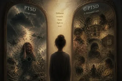 Person standing with their back to the camera, centered between two ornate doors labeled PTSD (left) and C-PTSD (right). The text in between reads about healing wounds.