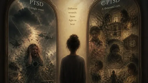 Person standing with their back to the camera, centered between two ornate doors labeled PTSD (left) and C-PTSD (right). The text in between reads about healing wounds.